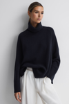 Reiss Edina - Navy Relaxed Wool-cashmere Blend Roll Neck Jumper, Xs