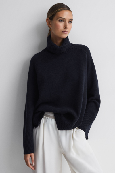 Reiss Edina - Navy Relaxed Wool-cashmere Blend Roll Neck Jumper, Xs In Navy