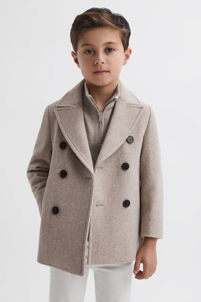 Reiss Bergamo - Oatmeal Junior Wool Blend Double Breasted Peacoat, Age 5-6 Years