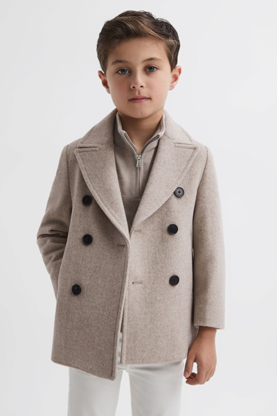 Reiss Bergamo - Oatmeal Junior Wool Blend Double Breasted Peacoat, Uk 7-8 Yrs