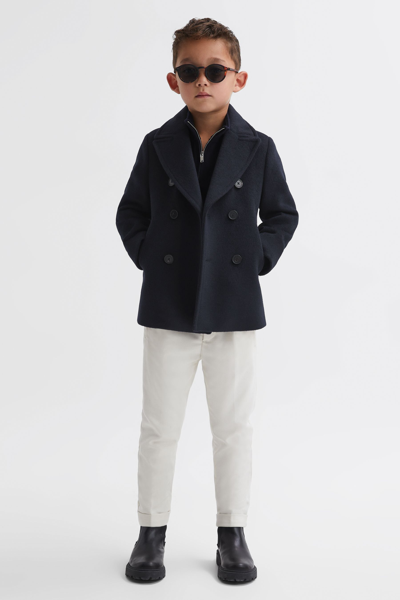 Reiss Bergamo - Navy Junior Wool Blend Double Breasted Peacoat, Age 8-9 Years