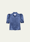 Frame Gillian Silk Ruched Sleeve Top In Slate Blue
