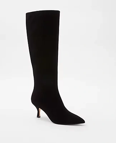 Ann Taylor Curved Stiletto Kitten Heel Suede Boots In Black
