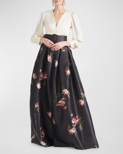 SACHIN & BABI ZOE PLEATED TWO-TONE FLORAL-PRINT GOWN