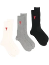 Ami Alexandre Mattiussi Ribbed Knit Signature Set Of Three In Ofwhitegry
