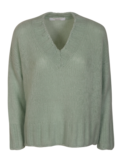 Saverio Palatella V-neck Fringe Knit Sweater In Green Water