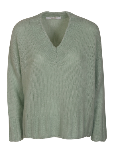 Saverio Palatella V-neck Fringe Knit Jumper In Green Water