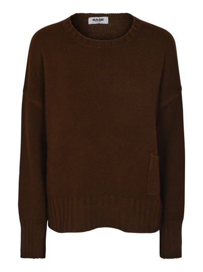 Base Patched Pocket Round Neck Rib Knit Sweater In Coffee