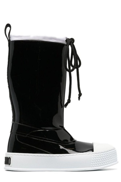 Moschino Drawstring Glossy Boots In Black