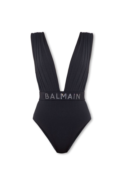 Balmain Crystal Logo Jersey One Piece Swimsuit In Black