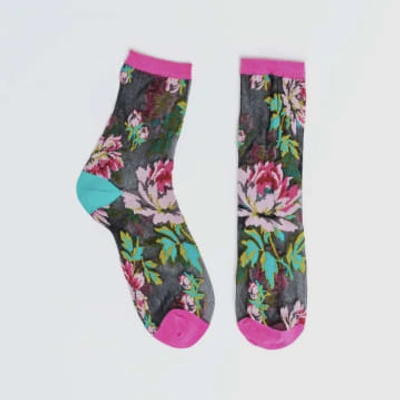 Sock Candy English Rose Black Sheer Ankle Socks In Black Multi