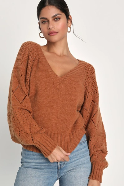Lulus Trend Maker Light Brown Pointelle Knit V-neck Sweater