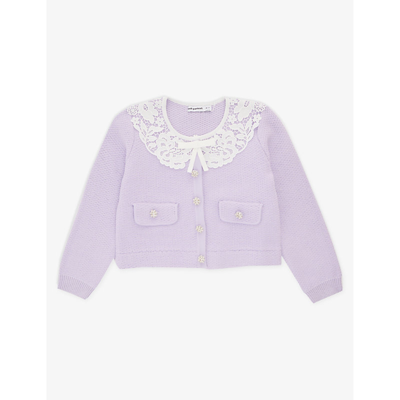 Self-portrait Kids' Lace-trimmed Embellished Cardigan In Lilac