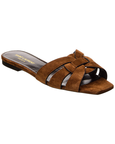 Saint Laurent Tribute Woven Tortoise Shell Slide Sandals In Brown