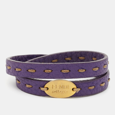 Pre-owned Fendi Purple Leather Selleria Gold Tone Double Wrap Bracelet