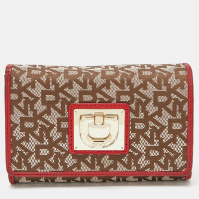 Pre-owned Dkny Beige/red Signature Canvas And Leather French Wallet