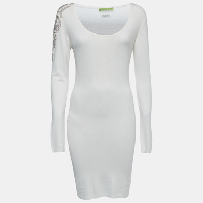 Pre-owned Versace Jeans White Knit Embellished Long Sleeve Bodycon Dress S