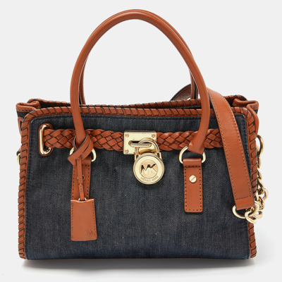 Pre-owned Michael Michael Kors Blue/tan Whipped Stitched Denim And Leather Hamilton Tote