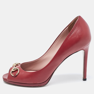 Pre-owned Gucci Burgundy Leather Jolene Peep Toe Pumps Size 37.5
