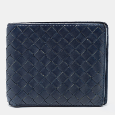 Pre-owned Bottega Veneta Navy Blue Intrecciato Leather Bifold Wallet