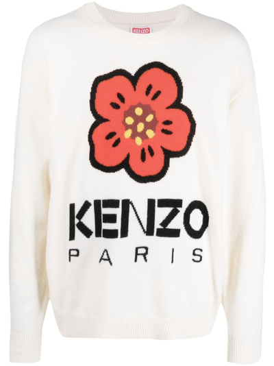 Kenzo Knitted Flower Logo Sweater In Nude & Neutrals