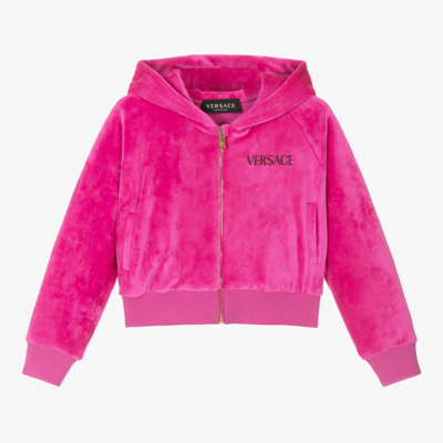 Versace Kids' Girls Fuchsia Pink Velour Zip-up Top In Fuxia+black