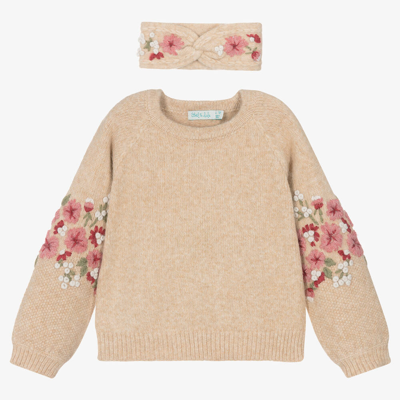 Abel & Lula Kids' Girls Beige & Pink Embroidered Flower Sweater