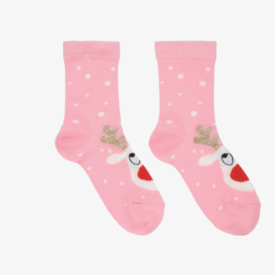 Wauw Capow By Bangbang Kids'  Girls Pink Organic Cotton Reindeer Socks