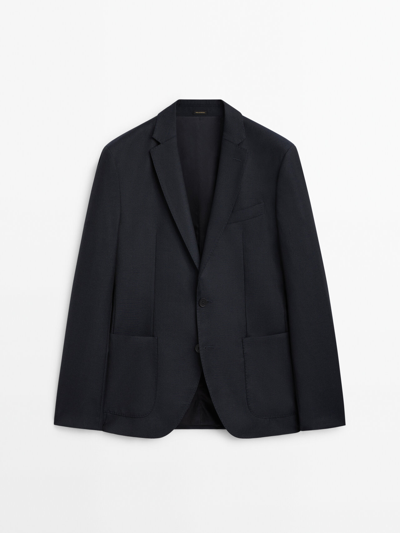 Massimo Dutti Navy Blue Textured Wool Blazer In Marineblau