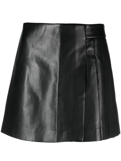 Alice And Olivia Toni Vegan Leather Asymmetric Pleated Min Skirt In Black