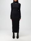 Off-white Ribbed Texture Midi Dress With High Neckline In Black