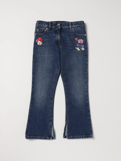 Dolce & Gabbana Kids' Jeans In Denim With Contrasting Embroidered Flowers In Multicolor