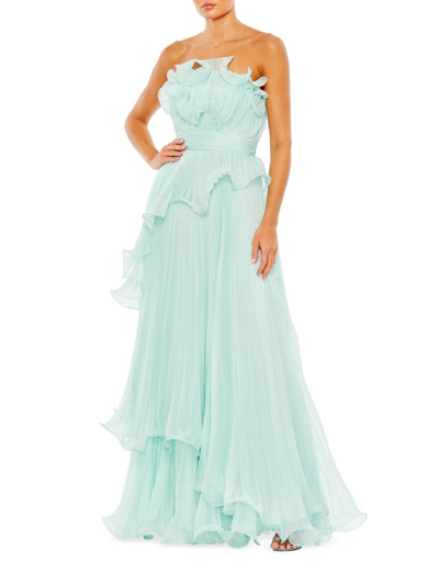 Mac Duggal Pleated Tiered Ruffled Strapless Gown In Mint