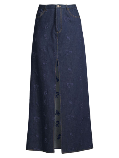 Jason Wu Front-slit Embroidered Denim Maxi Skirt In Navy