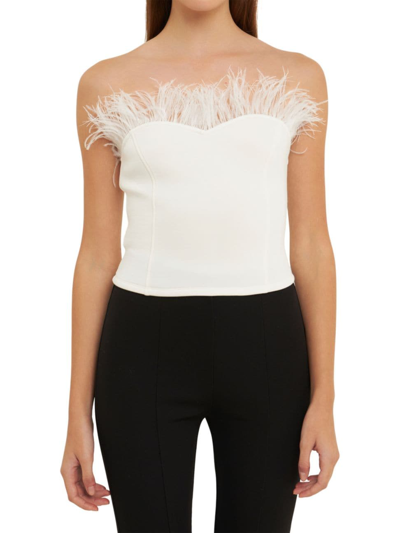 Endless Rose Women's Strapless Knit Feather Top In White