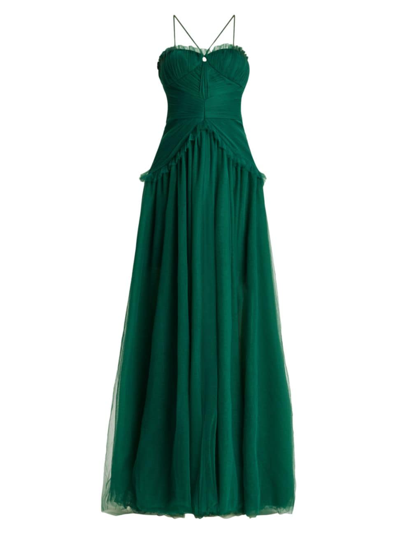 Zac Posen Tiered Ruffle-trim Tulle Gown In Forest Green