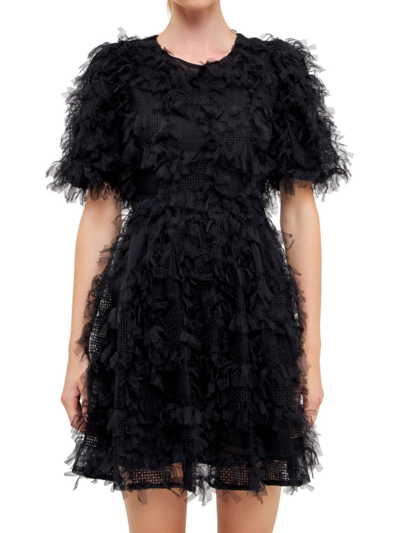 Endless Rose Feathered Mesh Puff Sleeve Minidress In Black