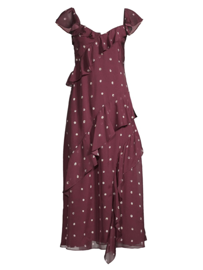 Jason Wu Polka-dot Flutter-sleeve Midi Dress In Burgundy Multi