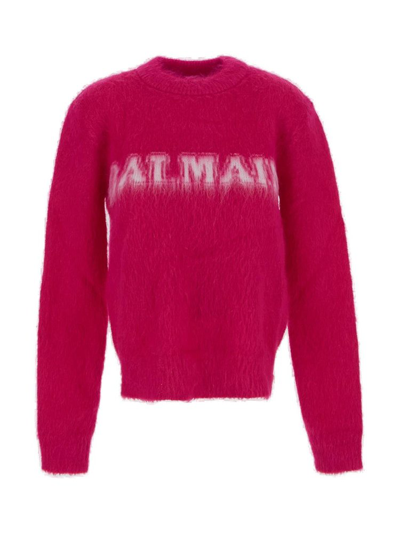 Balmain Logo Jacquard Crewneck Knitted Jumper In Pink