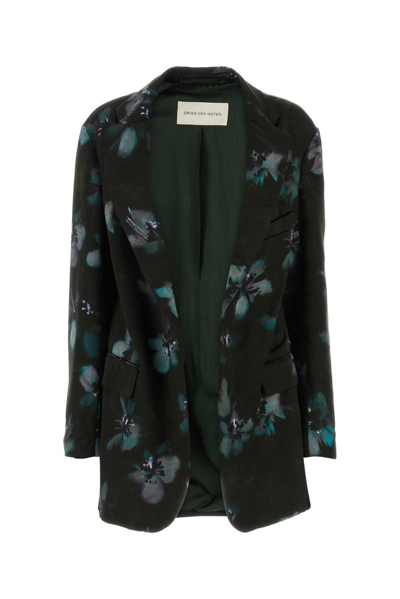 Dries Van Noten Floral Printed Long Sleeved Jacket In Black