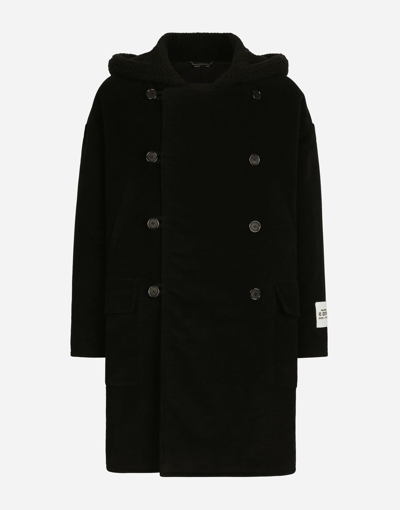 Dolce & Gabbana Fustian Coat With Shearling Hood In Black