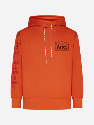 Aries Logo Printed Drawstring Hoodie In Orange