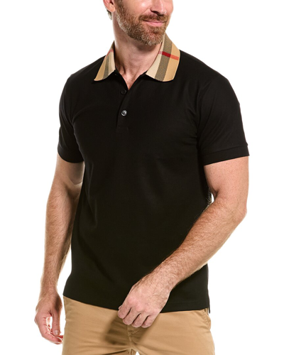 Burberry Check Collar Cotton Polo Shirt In Black