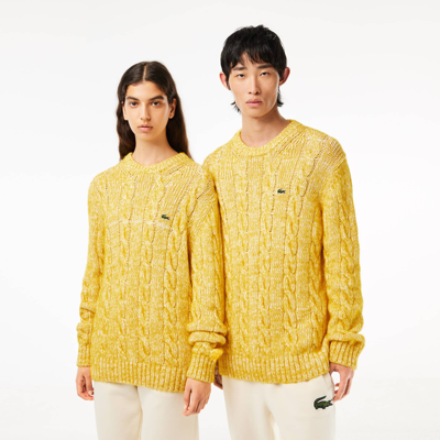 Lacoste Unisex Cotton And Mercerized Alpaca Cable Knit Sweater In Yellow