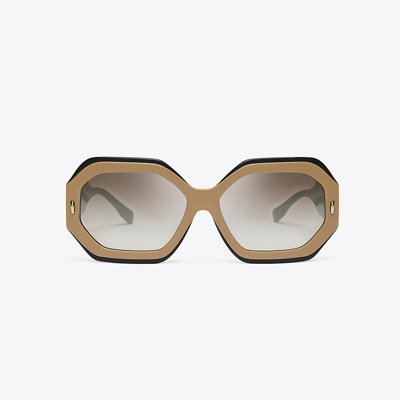 Tory Burch Miller Geometric Sunglasses In Navy/beige/clear Grad Mirror Silver