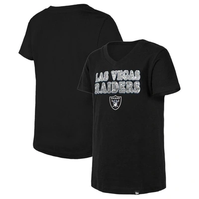 New Era Kids' Girls Youth  Black Las Vegas Raiders Reverse Sequin V-neck T-shirt