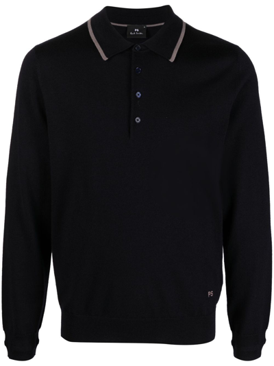 Ps By Paul Smith Long-sleeve Merino-wool Polo Shirt In Blue