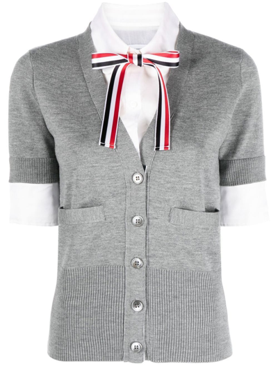 Thom Browne Organza Round Collar Shirt Cardigan Top In Grey