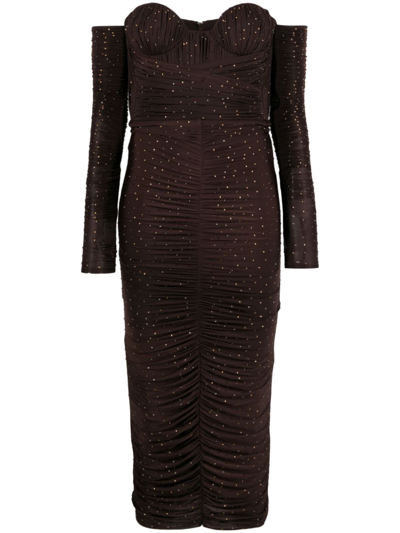 Alex Perry Tylen Crystal-embellished Ruched Midi Dress In Brown