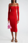 Jacquemus La Robe Sierra Cold Shoulder Long Sleeve Rib Cotton Sweater Dress In Red